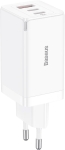 Мережевий зарядний пристрій Baseus GaN5 Pro Fast Charger 2C+U 65W White w/Type-C to Type-C (CCGP120202)